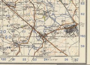 This OSGB One Inch War Edition map extract shows an example of a disguised projection map, where the military Cassini (War Office) Grid is clearly skew to the Cassini (Delamere) base map