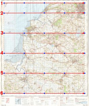 When using the Grid Calibrator, complete each row in turn, clicking on the left edge, each thick gridline, and the right edge each time. For the average OS One Inch Seventh Series map, as here, 30 points (represented by the blue dots) are generally required for a good result. Other map types have a different number, depending on the map size.